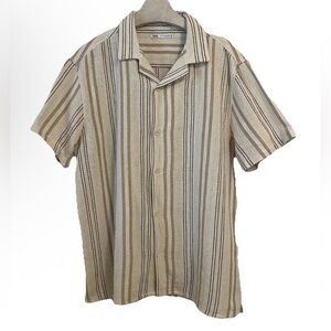 Zara Shirt Mens Textured Button Down XL Cream Beach Wedding Striped Beige White